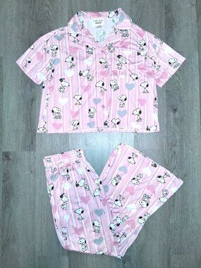 Munki Munki Peanuts Snoopy Hearts Pink Pajamas Set Size Small Short Sleeve Pants